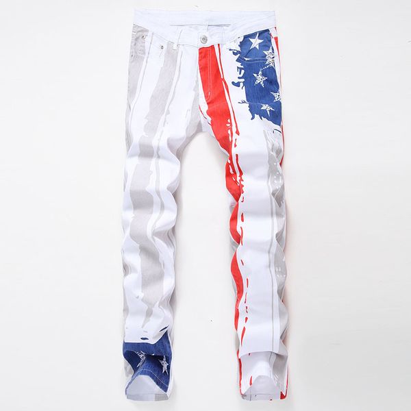 

men's jeans mens casual jeans colorful printing skinny usa national flag elastic straight denim pants washed shi, Blue