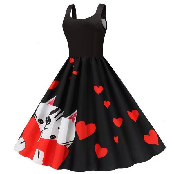 

hepburn's casual sleeveless dresses print suspender mid length dress, Black;gray