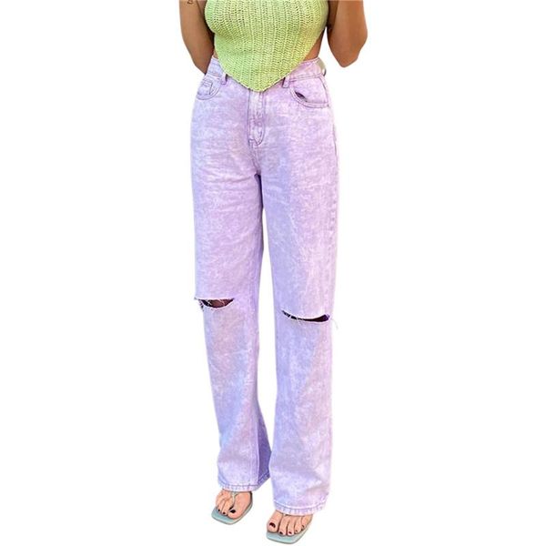 

women's jeans fashion women broken holes solid candy color high waist straight-leg pants with pockets green pink purple, Blue