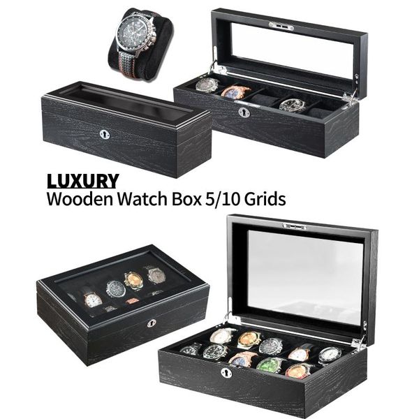 

watch boxes & cases luxury wooden box holder for watches men glass jewelry organizer 5 10 grids arrival, Black;blue