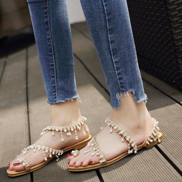 

hand-beaded pearl sandals women shoes summer peeptoe flat woman bling rhinestone sandalias romanas para mujer 43-35, Black