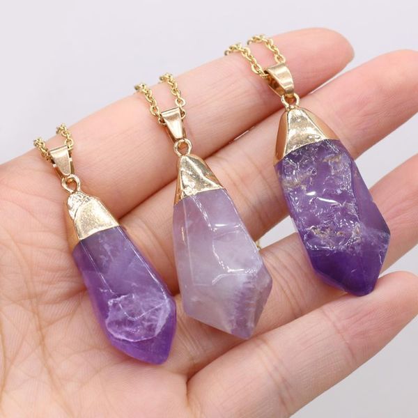 

pendant necklaces gold chain natural amethysts stone necklace water drop shape agates for women jewerly gift 20x40mm, Silver