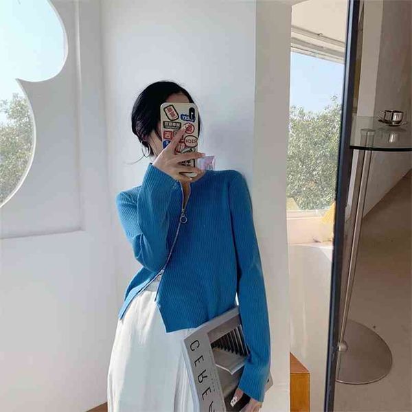 

zipper long sleeve short knitting cardigan han edition joker show thin fashion female spring render unlined upper garment to 210520, White
