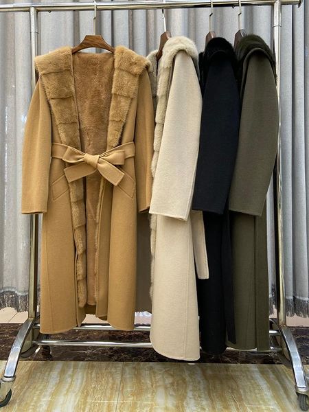 

women's wool & blends four ways to wear detachable two pieces coat real rex fur interlining warm woolen long with mink lining hooded, Black