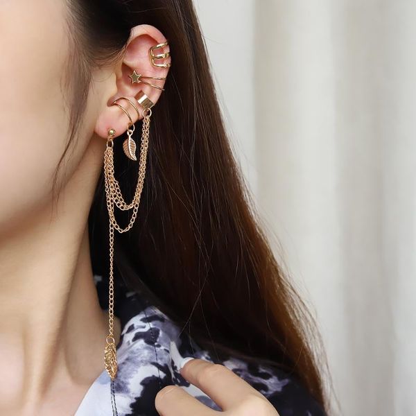 

dangle & chandelier 7pcs fashion gold star leaves non-piercing ear clip earrings for women simple fake cartilage cuff jewelry accessories, Silver