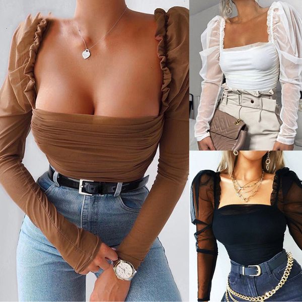 

women's t-shirt summer square neck halter perspective female intellectual thin long sleeve solid shirt color oo5i, White