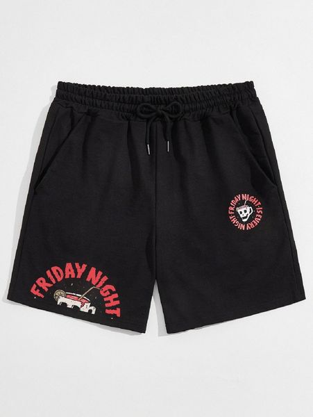 

romwe x amigovic guys letter skull graphic drawstring shorts m6wn#, Black