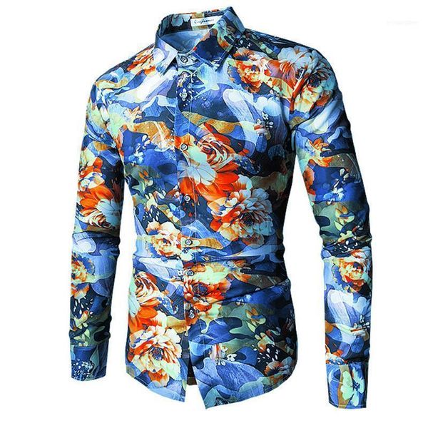 

men's casual shirts trend flower shirt men 2021 spring 3d floral print brand clothes business hawaiian long sleeve shirts1, White;black