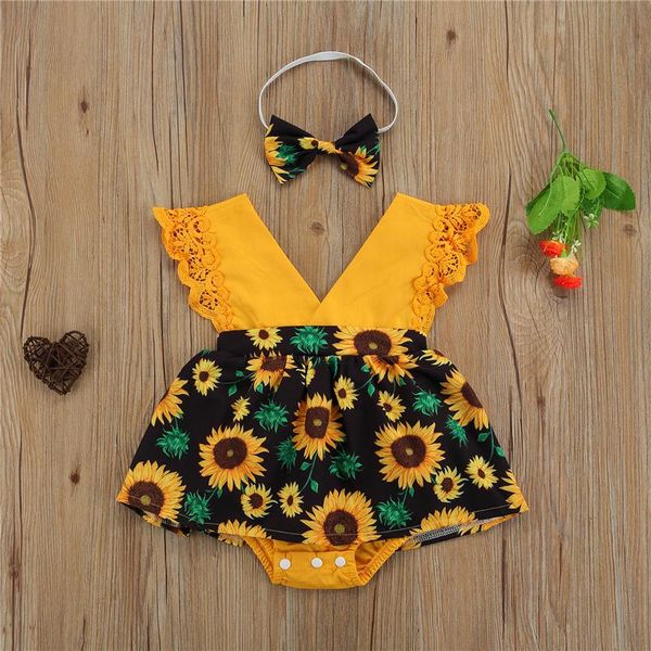 

clothing sets born baby girls romper with headband,summer sweet cute sunflower print v-neck sleeveless bodysuit+bowknot hairband,0-24months, White