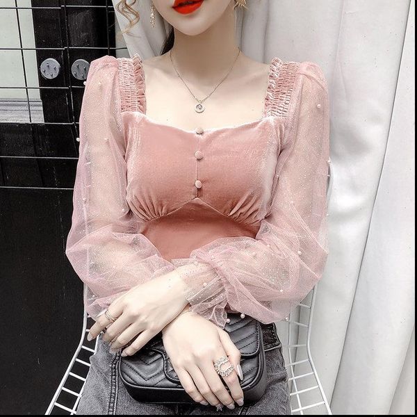 

korean square collar mesh women shirts stitching long sleeved autumn ins fashion solid color retro clothes blouse p016, White