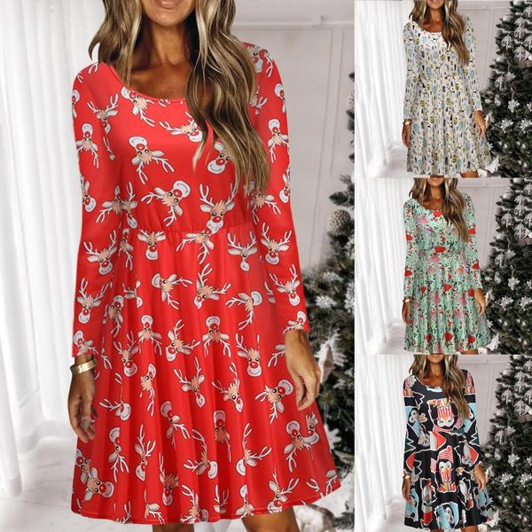 

casual dresses women's autumn and winter reindeer snow printed long sleeve pleated for women christmas dress vestido robe, Black;gray