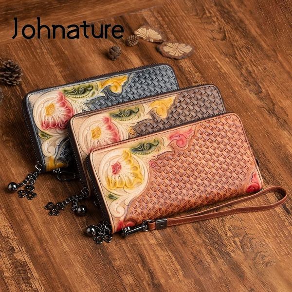 

wallets johnature retro genuine leather women handmade embossed wallet card holder leisure soft cowhide female long phone purse, Red;black