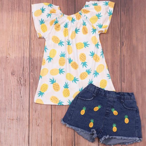 

clothing sets 2021 summer girls set pineapple outfits kids fashion toddler children sleeveless + demin shorts 18m to 8 years, White