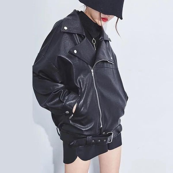 

women's leather & faux women loose pu jacket black soft street moto biker coat lady casual outerwear