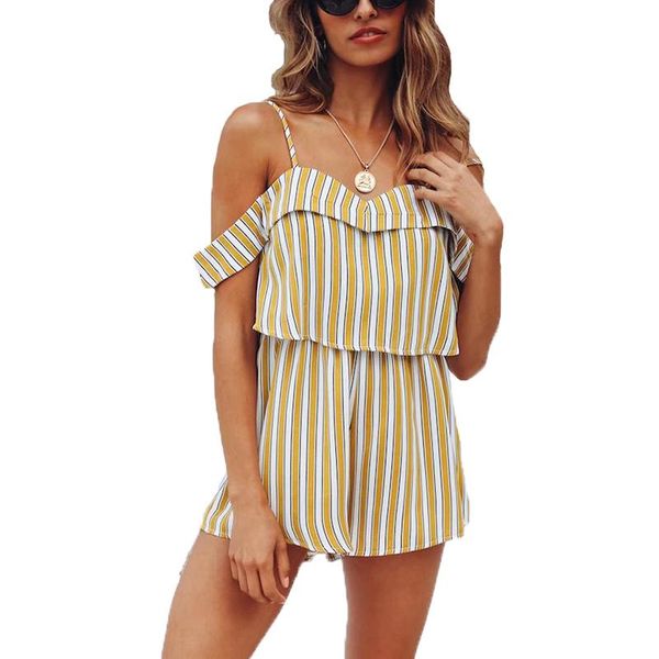 

women's jumpsuits & rompers 2021 women casual cold shoulder summer contrast color striped high waist short female, Black;white