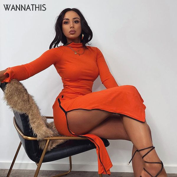 

wannathis mid-calf dress women long sleeve autumn bodycon fashion side zipper split streetwear elegant casual party dresses, Black;gray