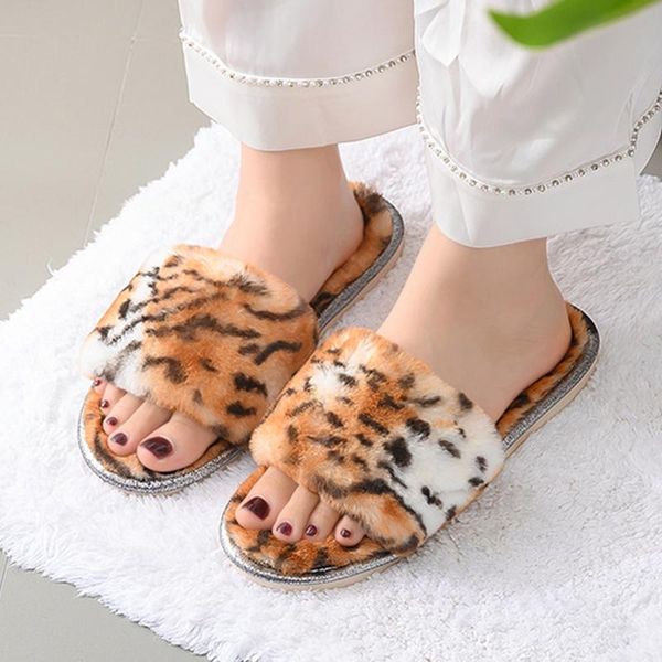 

slippers winter home yellow leopard women fur indoor open-toe ladies fluffy slides bedroom non-slip girls plush shoes, Black