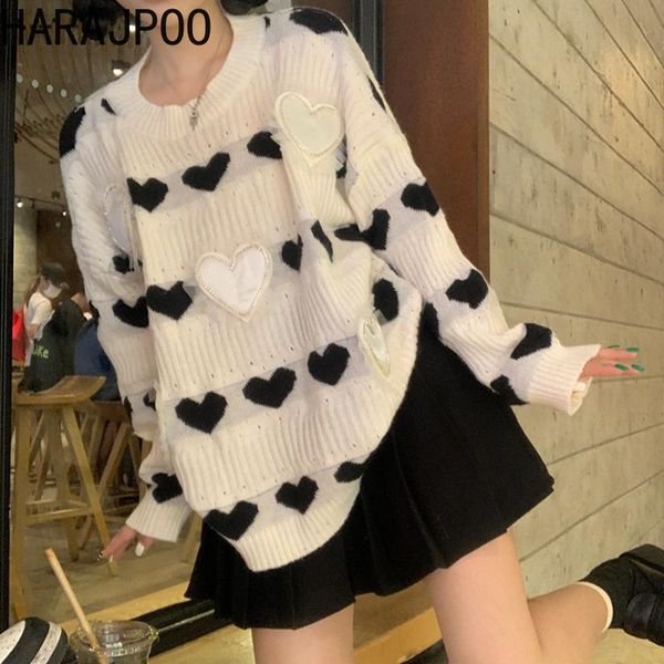 

women's sweaters harajpoo woman japanese fashion lazy oaf three dimensional love o neck long sleeve pullover fall 2021 knit jumper, White;black