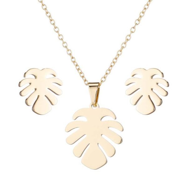 

earrings & necklace leaf and set women's stainless steel simple ornament three-piece wholesale, Silver