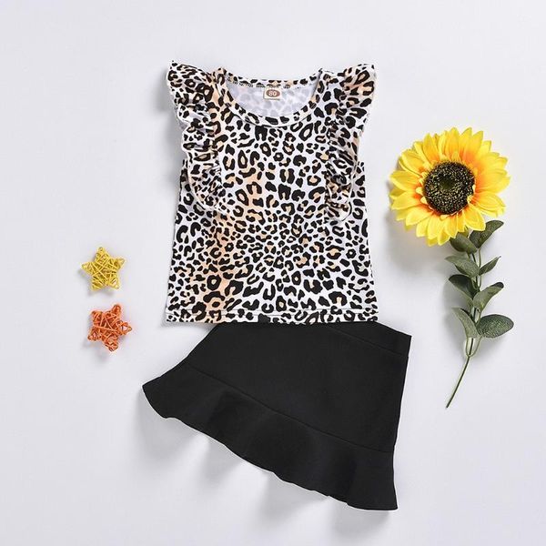 

clothing sets baby kids girls sleeveless ruffle leopard printed summer sleeve t-shirt +skirt outfit 1 2 3 4y children, White
