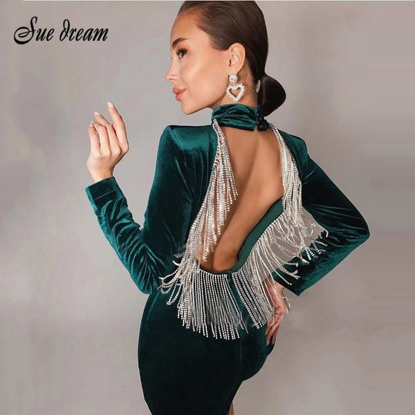

summer women backless diamond tassel green black velvet dress fashion celebrity evening party vestidos 210519, Black;gray