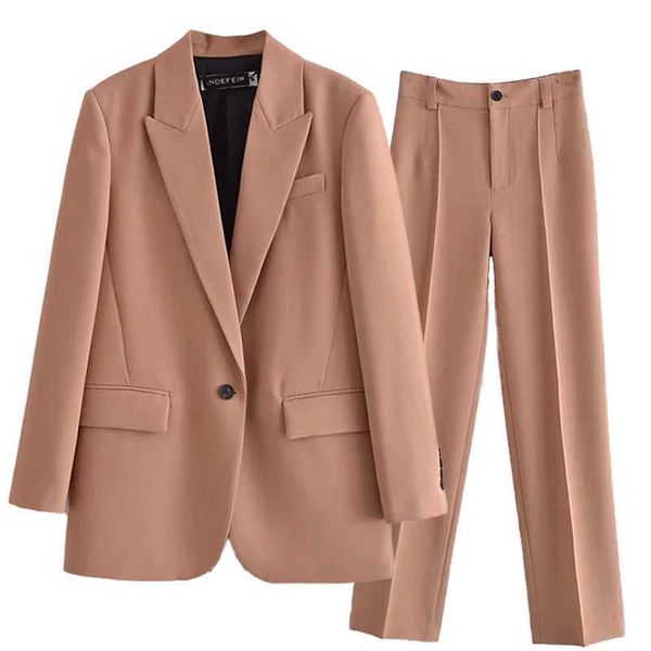 Aonibieer 2021 Frauen 2 Stück Set Anzug Blazer Hosen Elegante Mode Chic Dame Urban Outfits Jacke Hose Single Button Frühling x0721