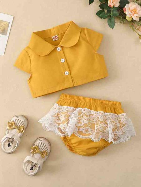 

baby solid button up blouse & lace panel shorts she, White