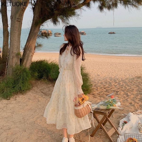 

casual dresses sweet dress 2021 autumn long sleeve beach elegant floral chiffon party chic females korean style v-neck, Black;gray