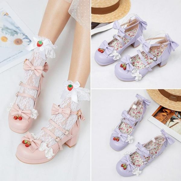 

dress shoes womens mary jane bowknot strawberry rhinestones lace lolita block mid heel pumps chunky belt sweet plus size 34-43 3colors, Black
