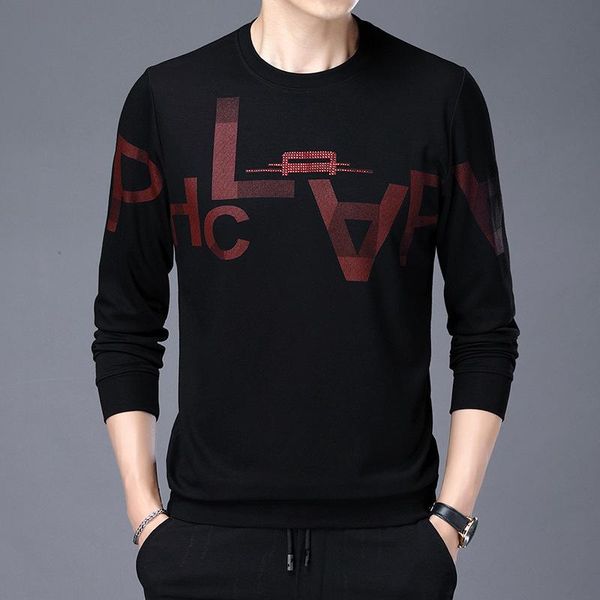 

men's hoodies & sweatshirts causal sweatshirt round neck long sleeve pullover solid color with print and ablazely adornment spring autu, Black