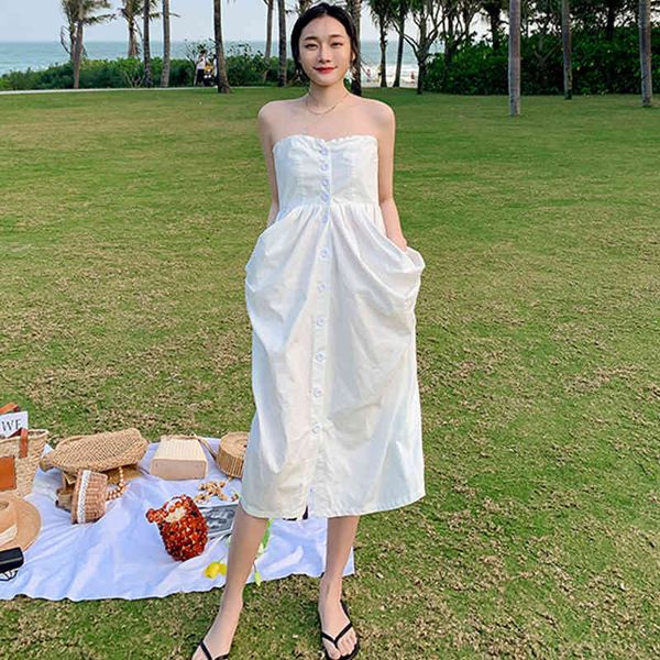 

arrival fashion midi summer girl party button strapless back bandage white beach dress vacation, Black;gray