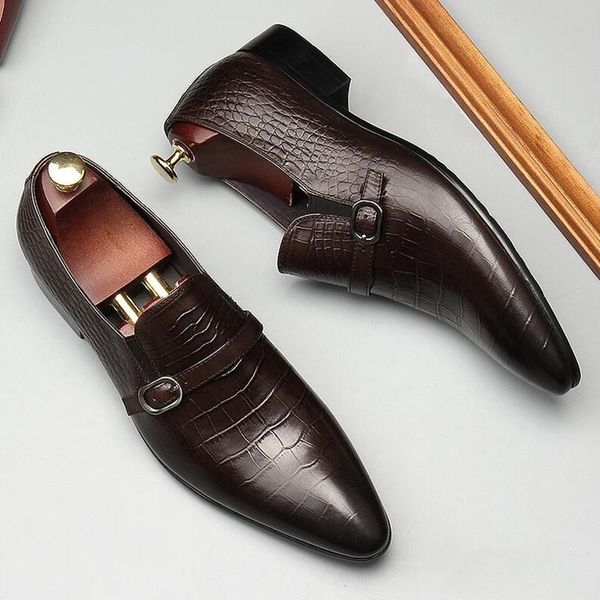 

dress shoes british style gents pointed toe formal men fashion buckle straps wedding slip on leather, Black