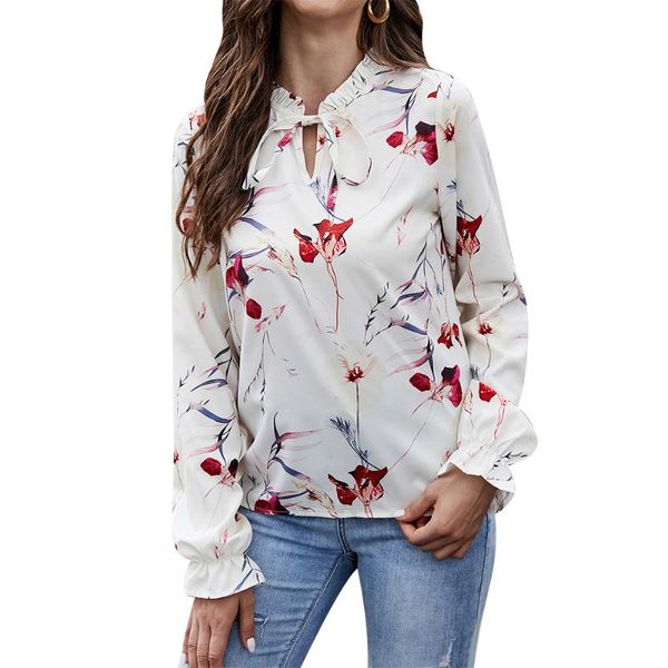 

women's blouses & shirts floral v neck shirt lacing flare sleeve chiffon blouse spring autumn plus size elegant female clothing, White