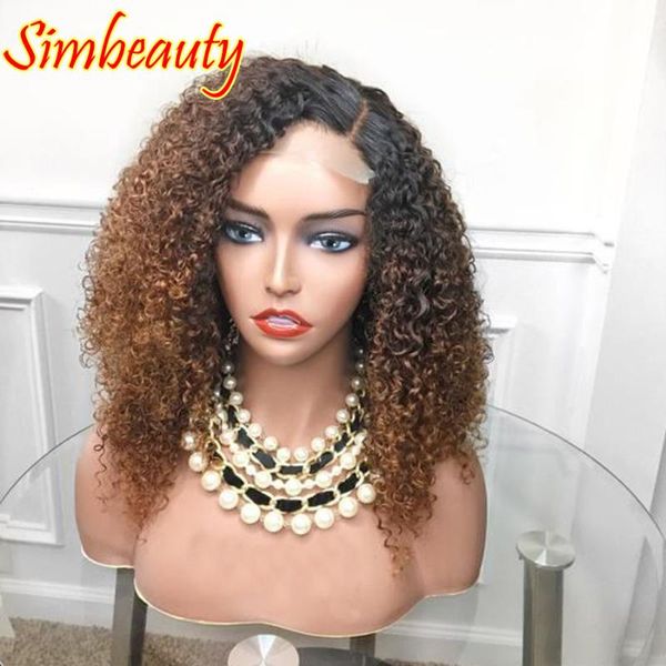 

lace wigs ombre dark roots medium brown kinky curly human hair with bleached knots 250density glueless 13x6 deep part front, Black;brown