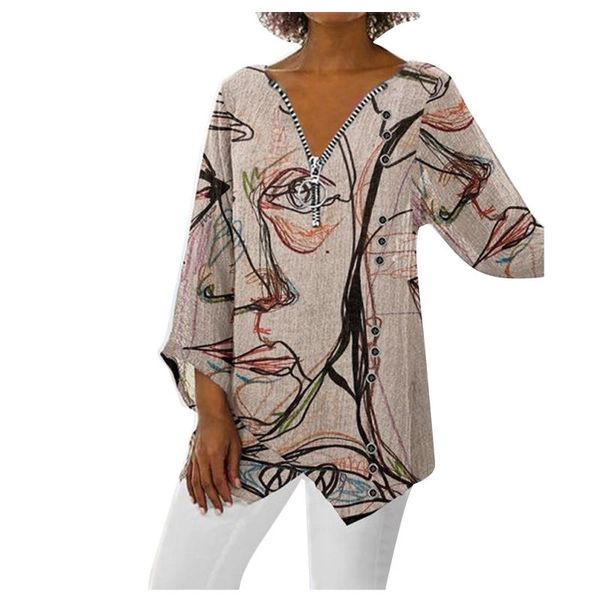 

women's t-shirt women fashion abstract printed irregular hem long-sleeved zipper casual v-neck loose shirts plus size s-2xl#fs, White