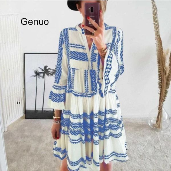

geometric print boho women beach dress v-neck bell sleeve bohemian beachwear summer casual dresses 2021 vestido de mujer women's swimwe, White;black