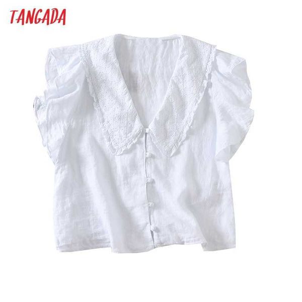 

tangada women retro white cotton statement collar shirt short sleeve chic female short blouse shirt 6h101 210609