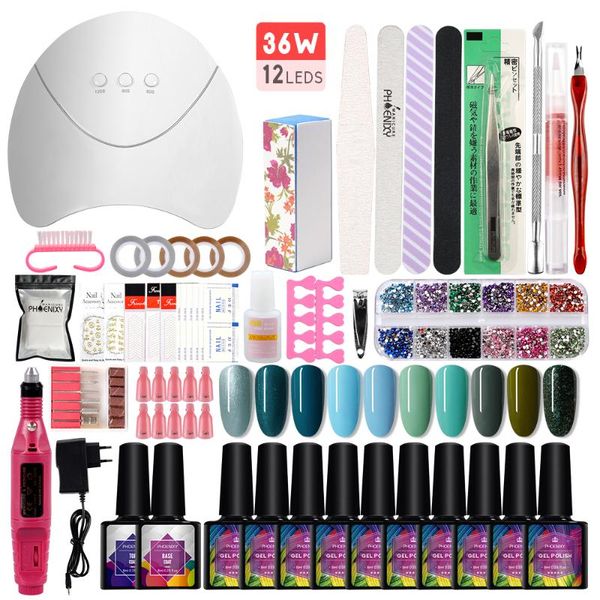 

nail art kits 36w uv led dual light dryer lamp with 10pcs soak off gel polish kit drill machine tools cuticle remover