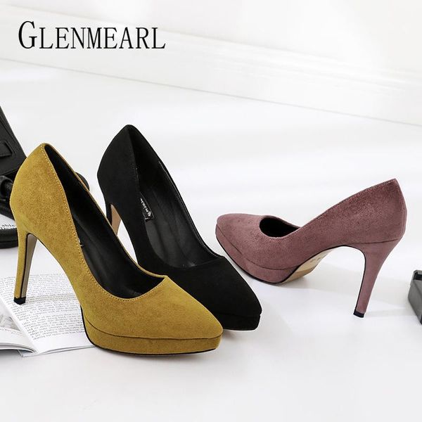

dress shoes women pumps platform office lady thin heels spring comfortable flock point toe high fashoin de, Black