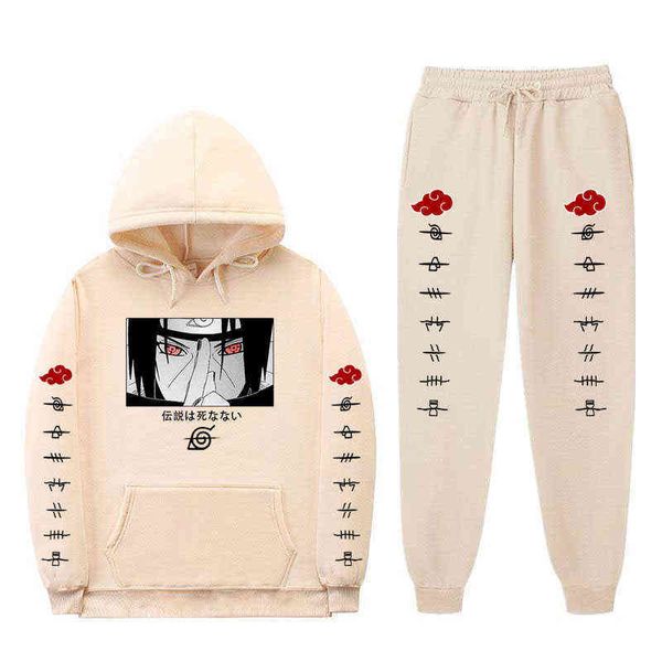 

japanese cartoon graphic casual tracksuit 2 piece outfit men fall winter warm hoodies pullover sweatpants g1215, Gray