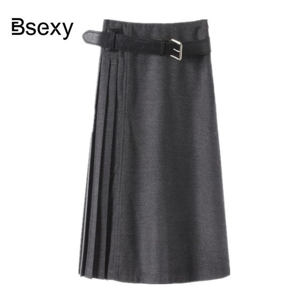 

skirts runway women's wool skirt winter high waist pleated midi korean elegant women grey long faldas mujer moda 2021, Black