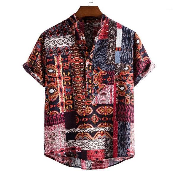 

men's casual shirts linen short sleeve shirt men summer floral loose baggy hawaii holiday beach tee buttons blouse national style, White;black