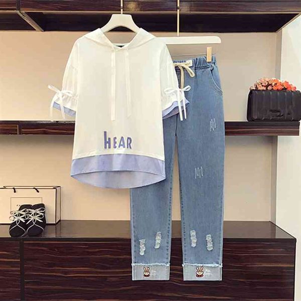 

casual sweashirts tracksuit women summer letter embroidery flare sleeve hoodies with rabbit jeans 2 pcs set 210602, White