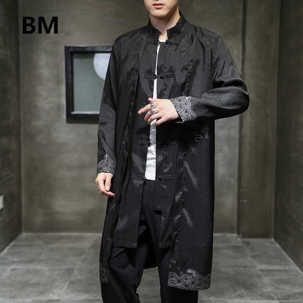 Chinês Estilo Fino Tang Terno Longo Hanfu Algodão Manto Casaco Manto Etnica Windbreaker Robe Vestido Plus Size Roupas Homens Roupas 211011