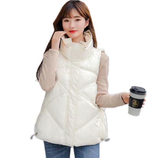 

women's vests autumn winter solid loose puffer vest female stand collar casual cotton padded waistcoat warm plus size sleeveless jacket, Black;white