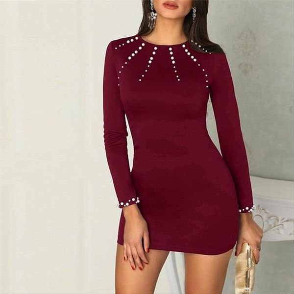 

spring autumn long sleeve womens tank o neck dress elegant solid slim mini black pearl beading party bodycon, White