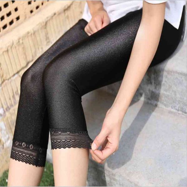 

summer women calf-length pants lace leggings slim solid female shiny pants mujer simple casual elasticity trousers 210913, Black