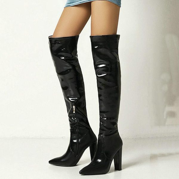 

boots winter patent leather pointed toe women thigh high fashion slim ladies over the knee super heel red, Black