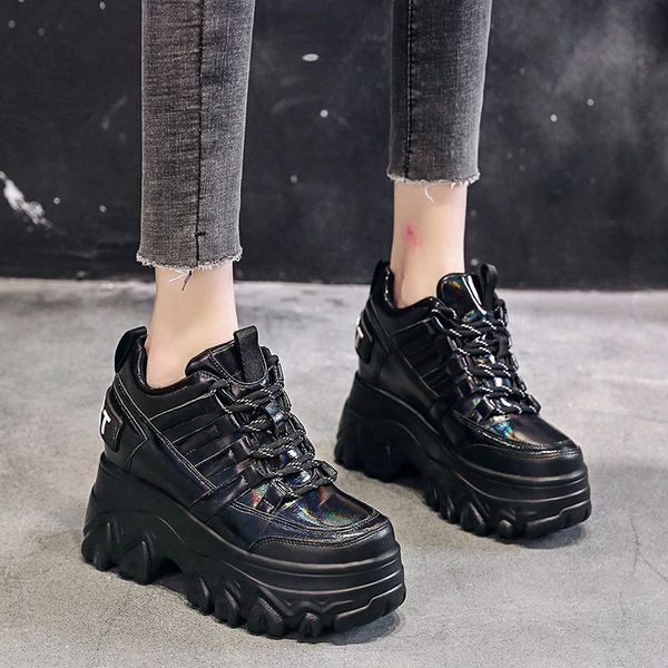 

Women Casual Sneakers Platform Trainers Silver Shoes 10CM Heels Autumn Wedges Leather Breathable Woman Height Increasing Shoes, Black