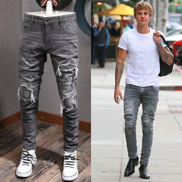 

man gray jeans printed patchwork applique men's 5 pocket slim fit stretch denim cotton cowboy pants man, Blue